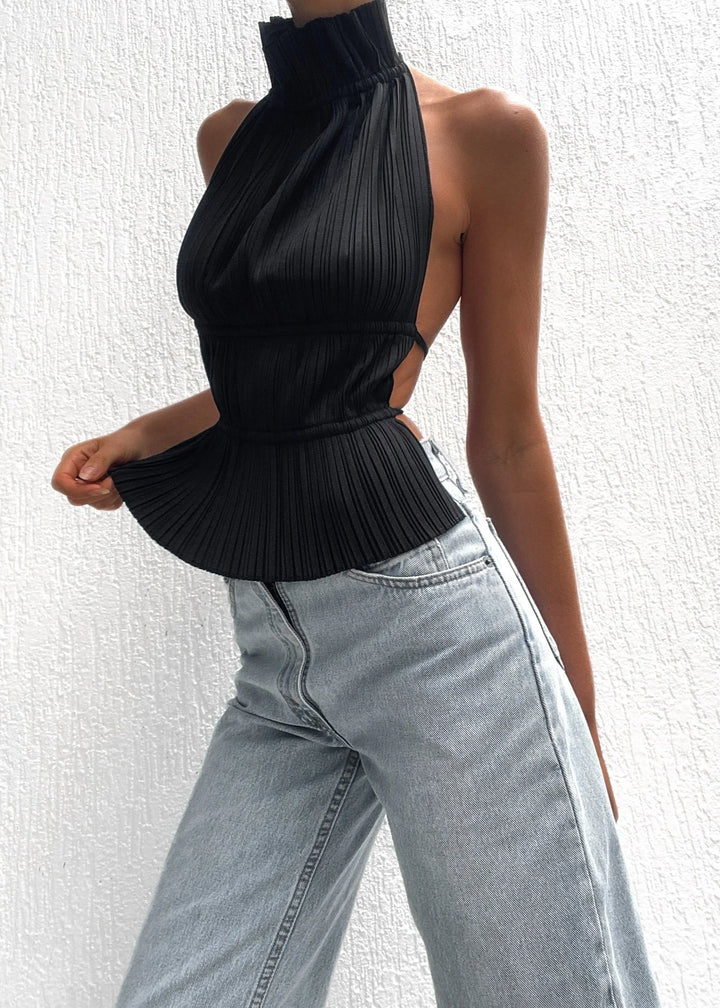 Sheila - Polished Pleated Backless Racer Top