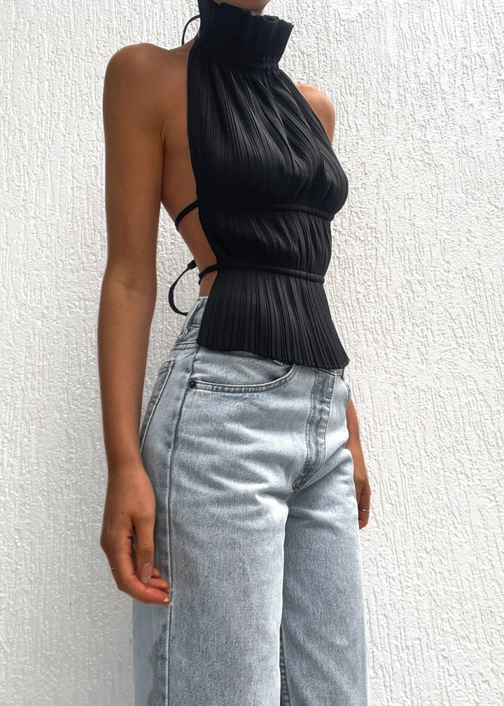 Sheila - Polished Pleated Backless Racer Top