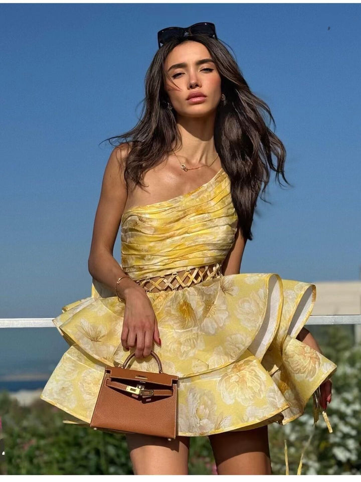Angelica - Charming Floral Asymmetrical Mini Dress