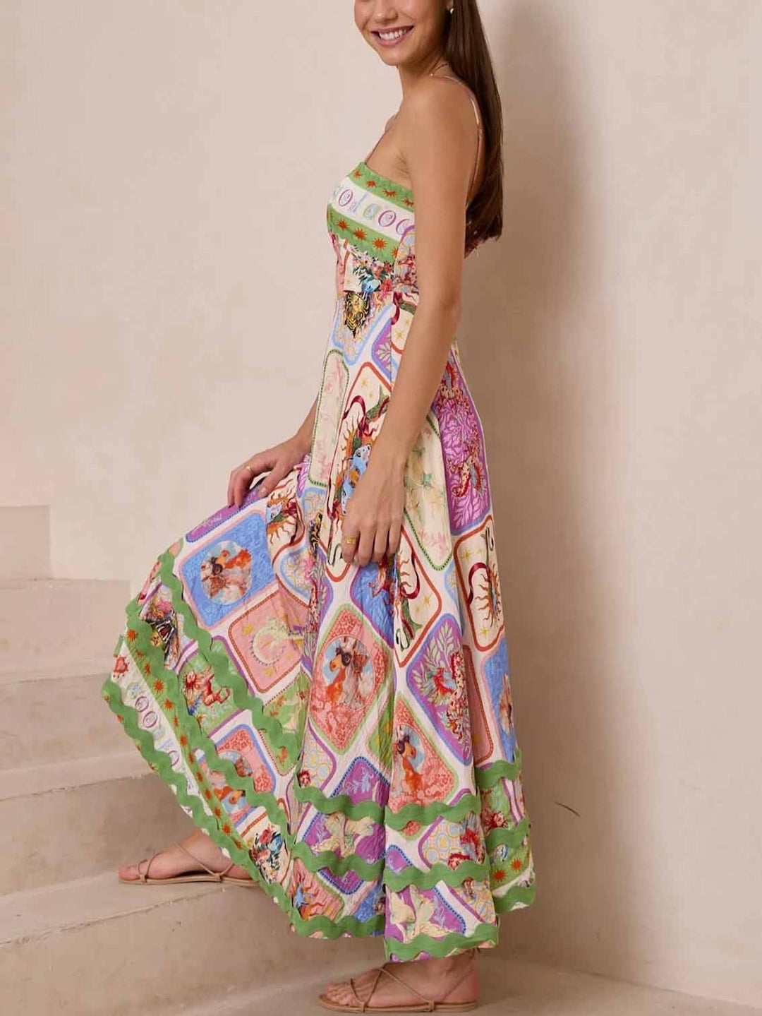 Elara - Unique Painted Print Sleeveless Lace Maxi Dress