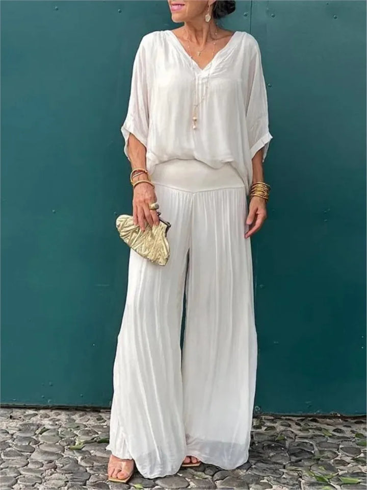 Mia - V-Neck Wide-Leg Chiffon Set