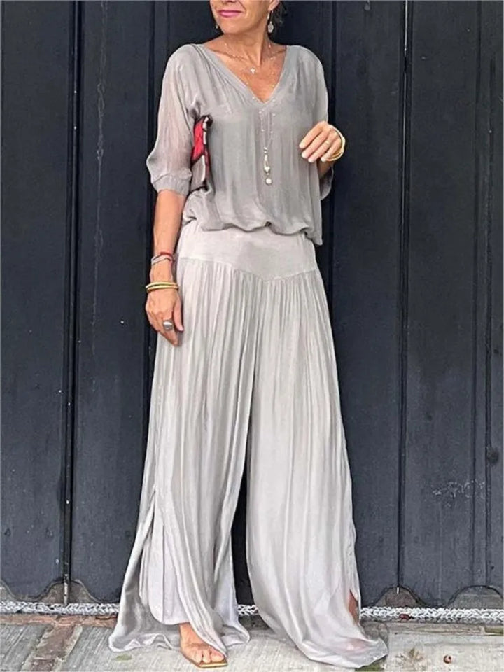 Mia - V-Neck Wide-Leg Chiffon Set