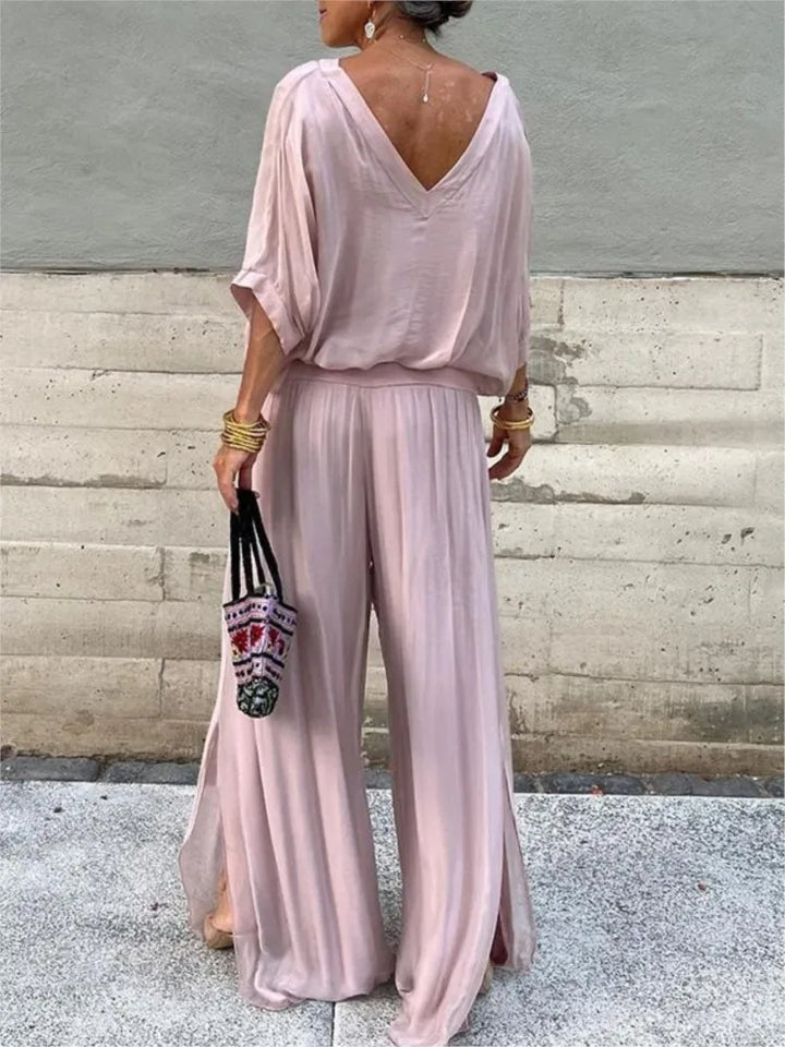 Mia - V-Neck Wide-Leg Chiffon Set