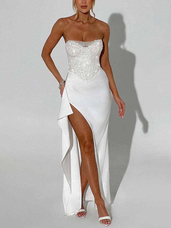 Valentina - Elegant Sequined Hip-hugging Slit Maxi Dress
