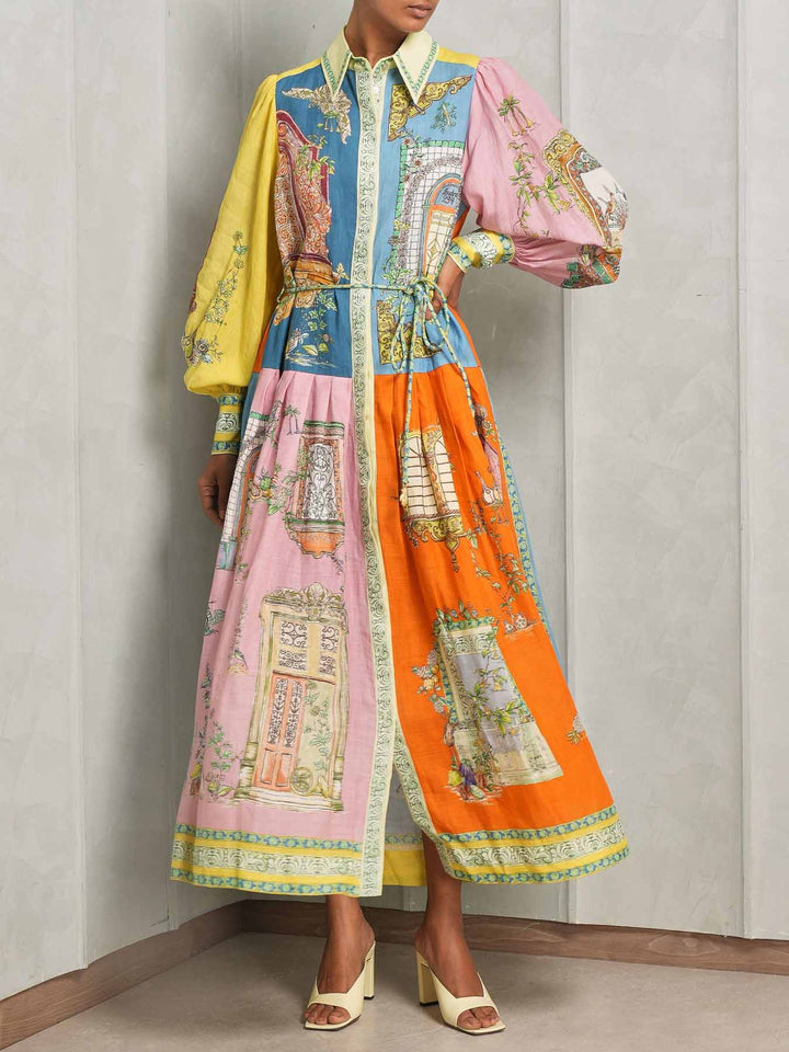 Amara - Exquisite Garden Print Button-Down Midi Dress