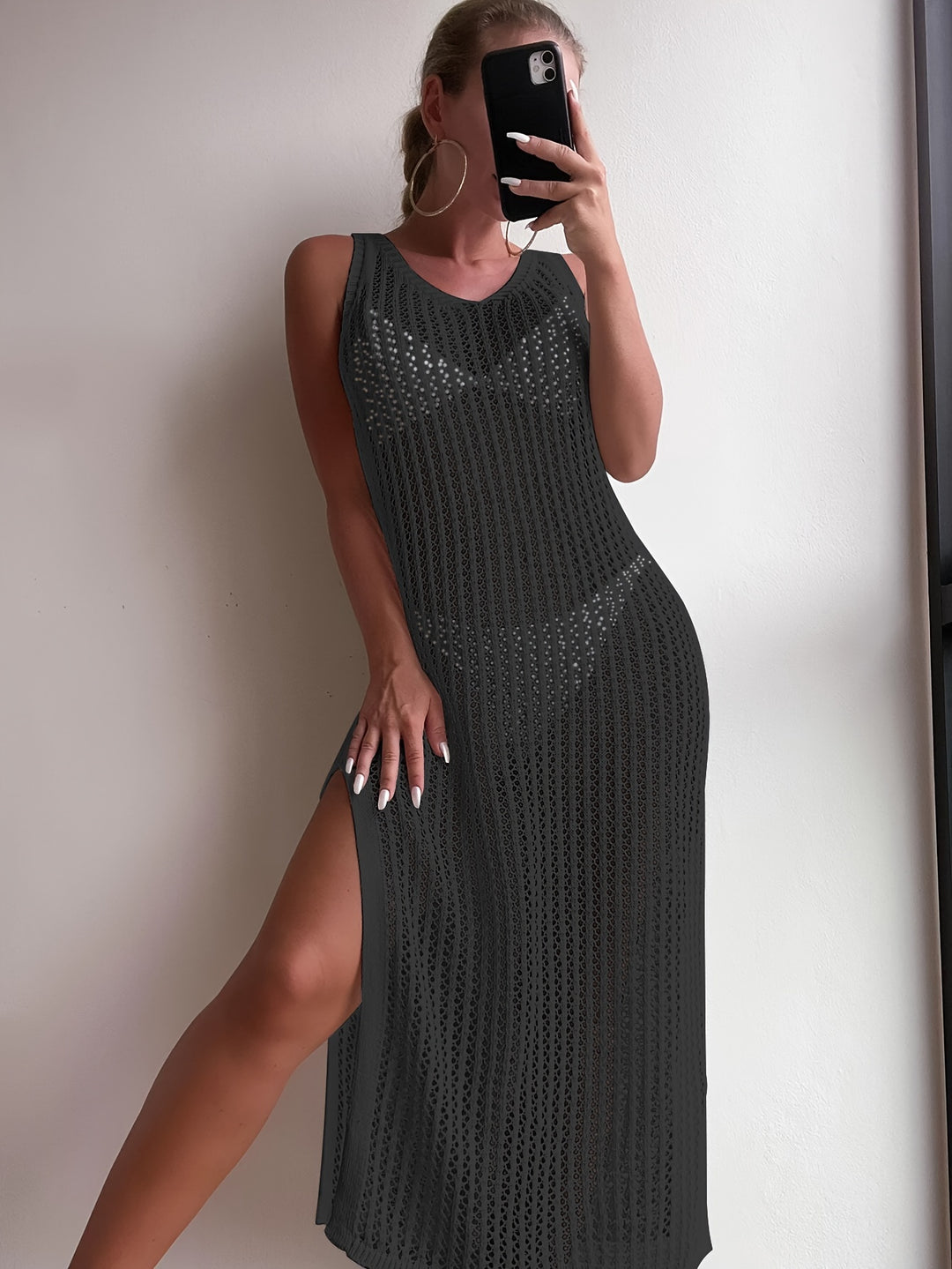 Marina - Solid Color Split V-Neck Beach Cover-Up Dress