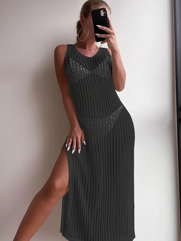 Marina - Solid Color Split V-Neck Beach Cover-Up Dress