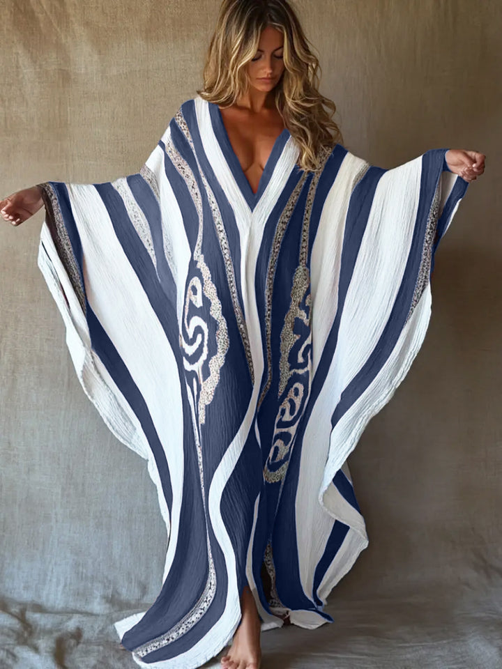 Butterfly -  Brushstroke Symphony Art Red-White Linen V-Neck Robe