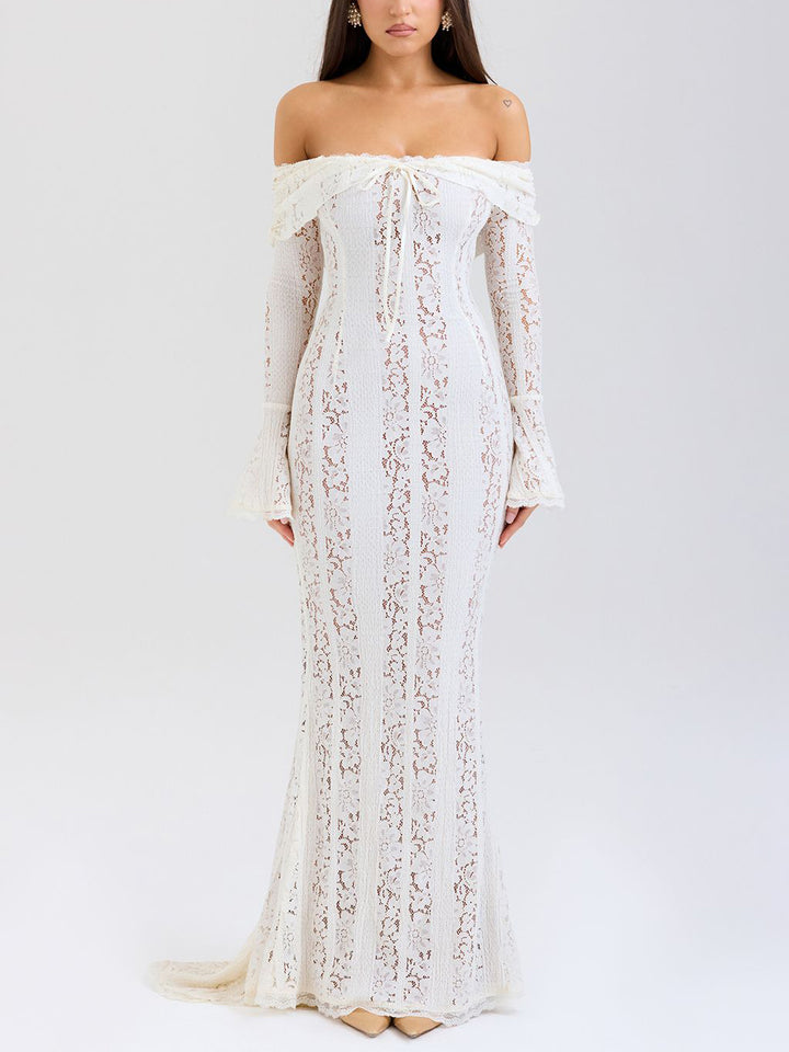 Valeria - Elegant One Shoulder Lace Fishtail Maxi Dress