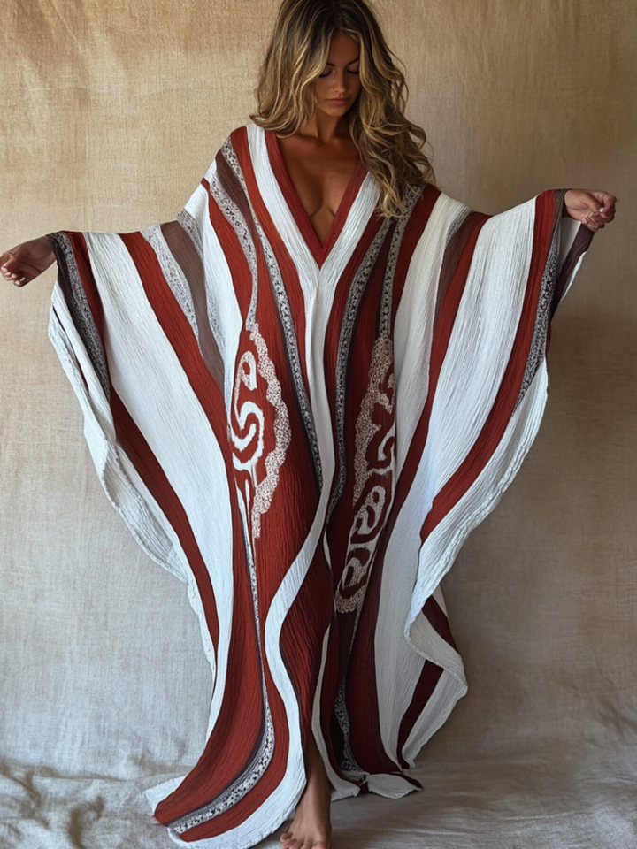 Butterfly -  Brushstroke Symphony Art Red-White Linen V-Neck Robe