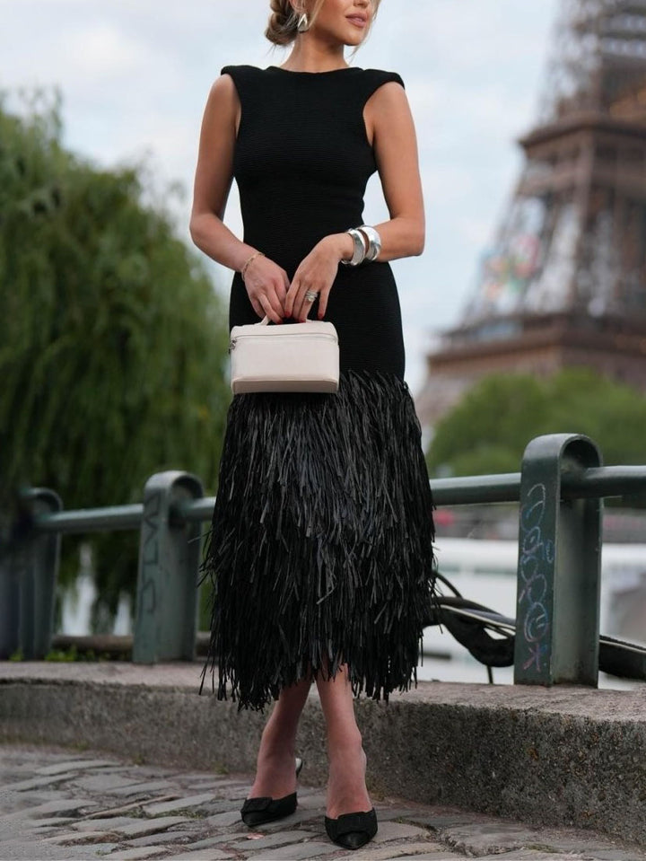 Isla - Elegant Raffia Fringed Midi Dress