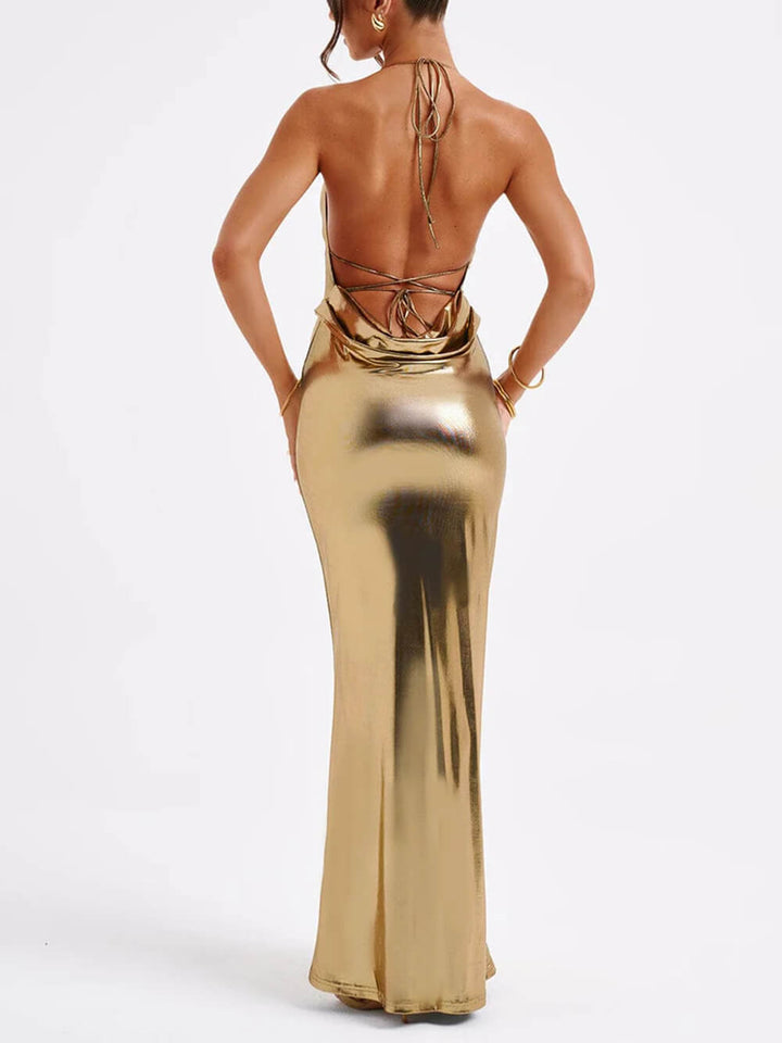 Lyra - Spring Swing Collar Glossy Metallic Backless Maxi Dress