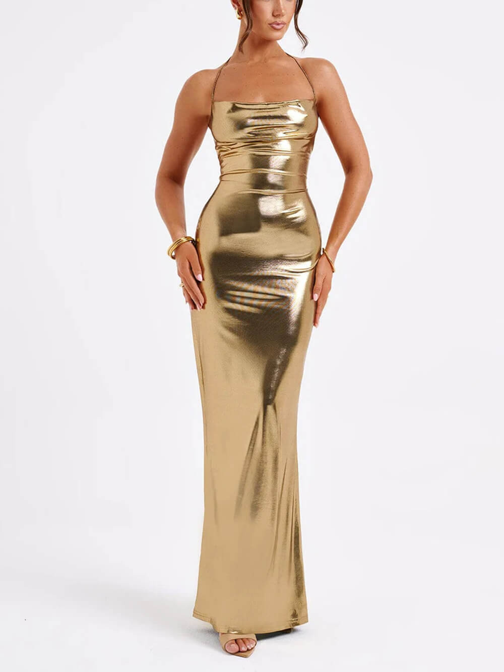 Lyra - Spring Swing Collar Glossy Metallic Backless Maxi Dress