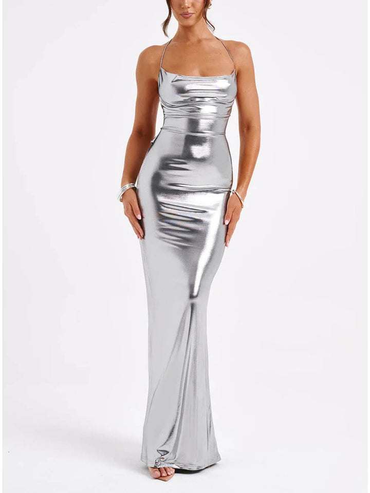 Lyra - Spring Swing Collar Glossy Metallic Backless Maxi Dress